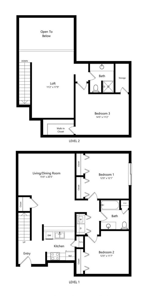 the 3-bedroom, 2-bathroom, 1,551 square feet Schuyler loft-style floor plan at Pine Lake Heights apartments in Lincoln, NE